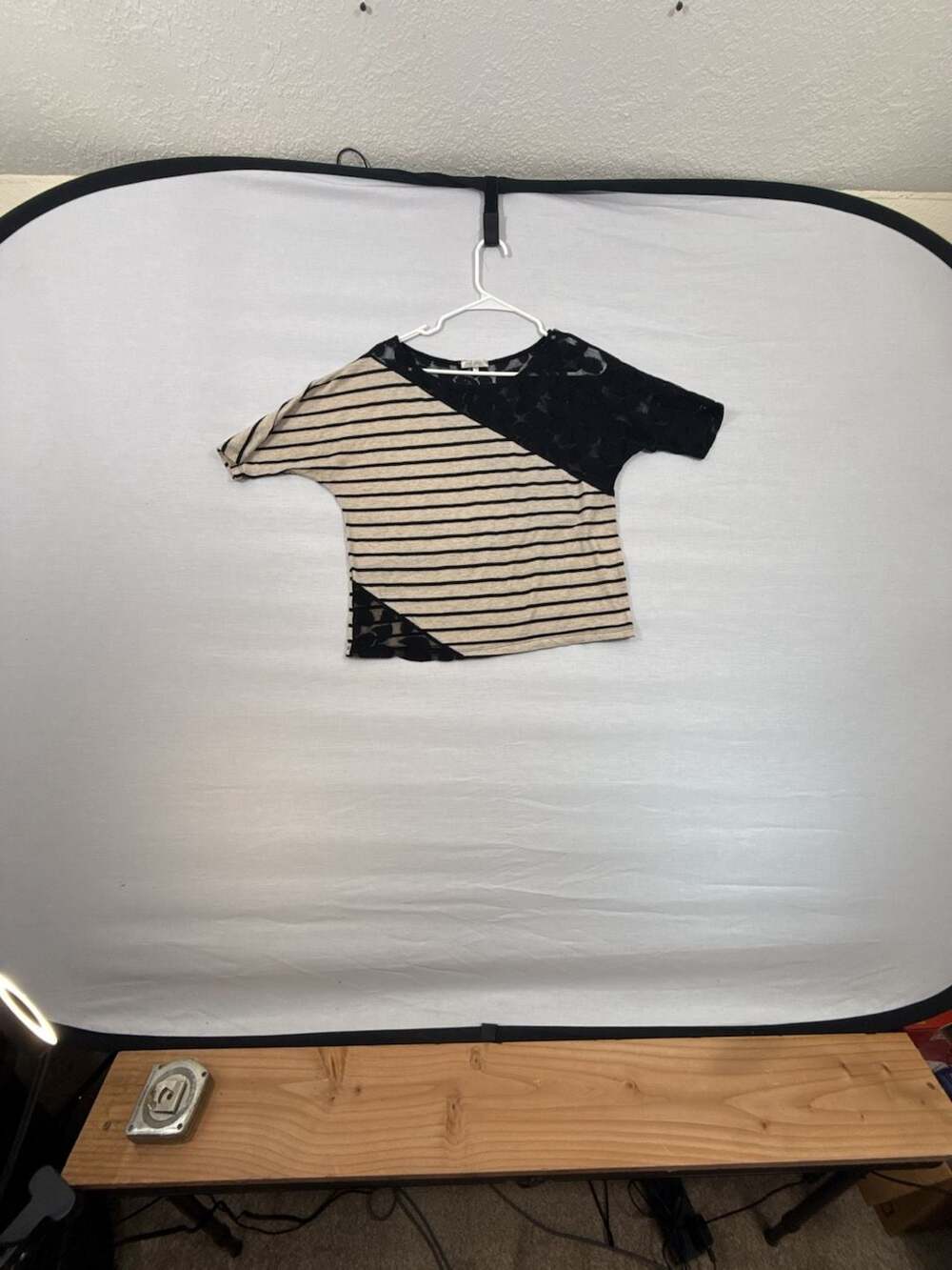 Just Ginger Black and Beige Striped Asymmetrical Lace Short Sleeve Top Size L